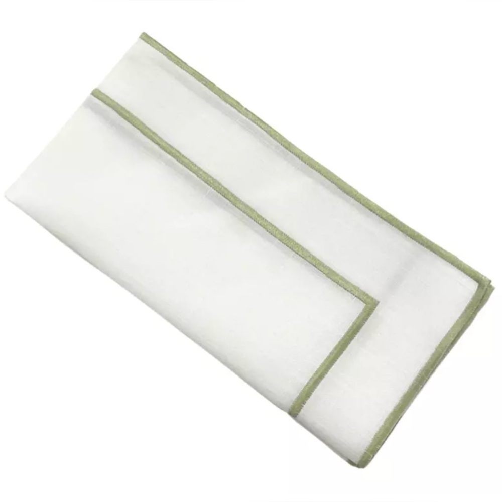 12 White w/ Green Trim Linen Napkins
